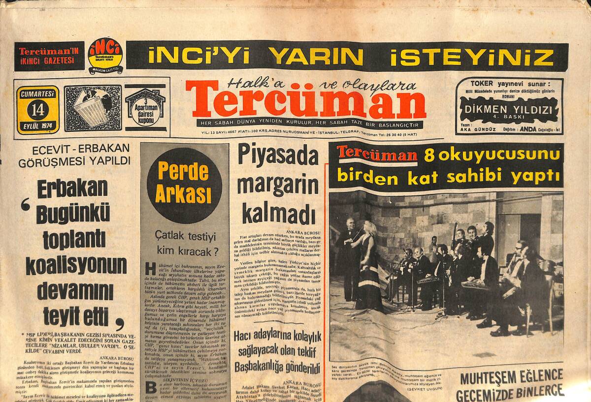 Tercüman Gazetesi 14 Eylül 1974 - Ecevit Ve Erbakan Arasında Görüşme Yapıldı - Fenerbahçe, Samsunspora Karşı GZ134004 - 1
