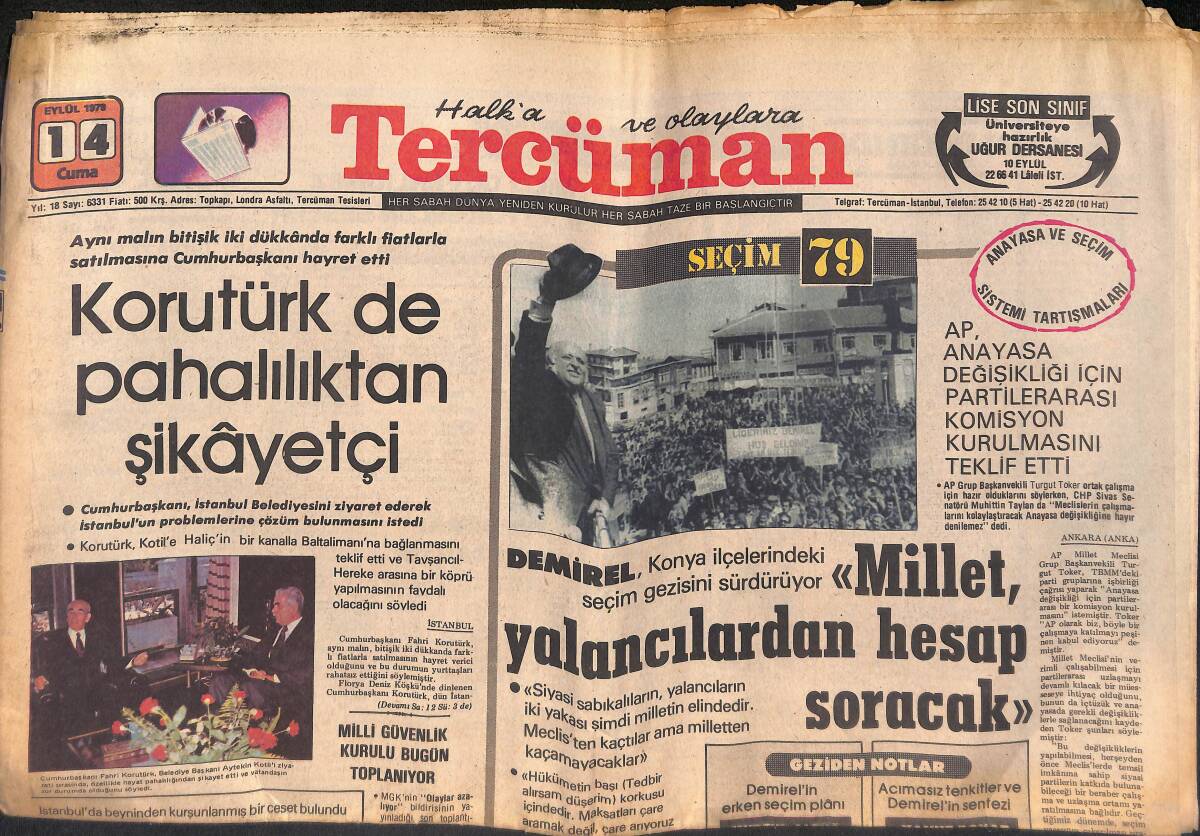 Tercüman Gazetesi 14 Eylül 1979 - Demirel Seçim Gezilerine Devam Ediyor - Galatasaray, Beşiktaş Büyük Maçı Kampta Bekliyor GZ132497 - 1
