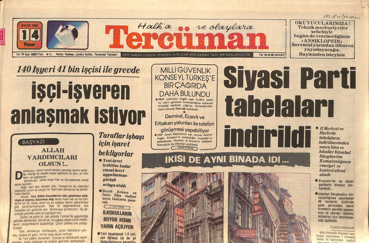 Tercüman Gazetesi 14 Eylül 1980-140 İşyeri Ve 41 Bin İşçisi İle Grevde-Milli Takım 