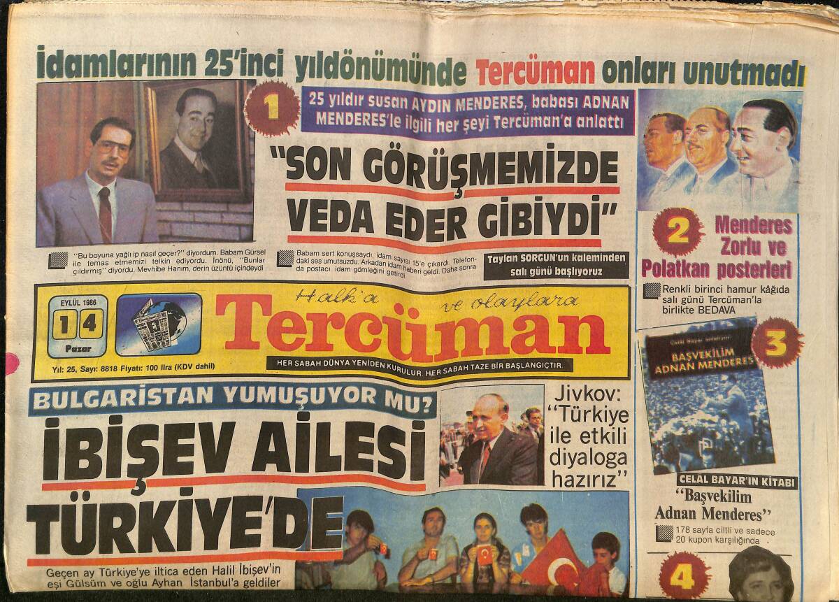 Tercüman Gazetesi 14 Eylül 1986 - İbişev Ailesi Türkiye'de - Galatasaray Kan Kustu - BAE Emiri İstanbul'da GZ150366 - 1