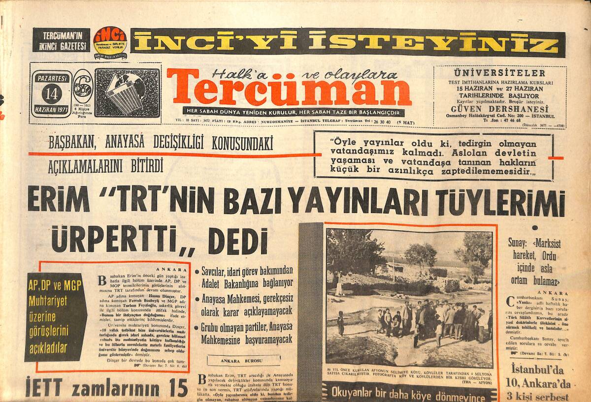Tercüman Gazetesi 14 Haziran 1971 - Erim TRT'nin Bazı Yayınları Tüylerimi Ürpertti Dedi - Jandarma Teşkilatı 132 Yaşında GZ141543 - 1
