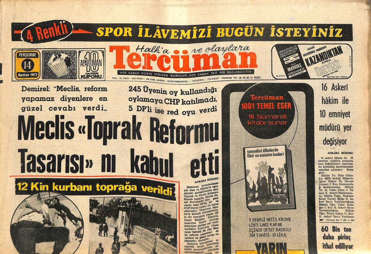 Tercüman Gazetesi 14 Haziran 1973 - Kamacı Konuştu: Ortiz Kemerimi Sökemez - Meclis Toprak Reformu Tasarısı'nı Kabul Etti GZ141173 - 1