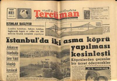 Tercüman Gazetesi 14 Kasım 1965 - İstanbulda İki Asma Köprü Yapılması Kesinleşti GZ70687 - 1