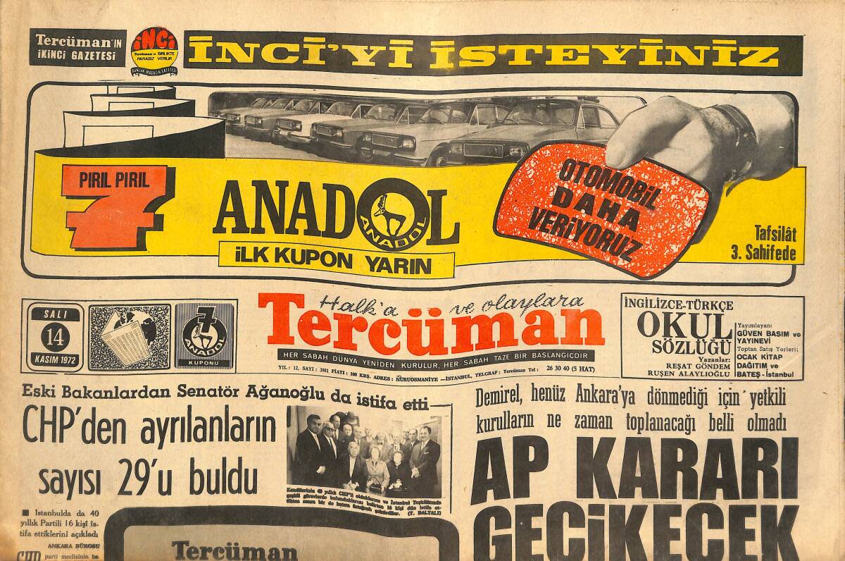 Tercüman Gazetesi 14 Kasım 1972 - Kızıldere'nin Sağ Tek Sanığı Kürkçü, Hakim Önüne Çıktı! - Didi: Cemil Ve Ender Alınırsa, Şampiyonluk Sözü Veririm! GZ146269 - 1
