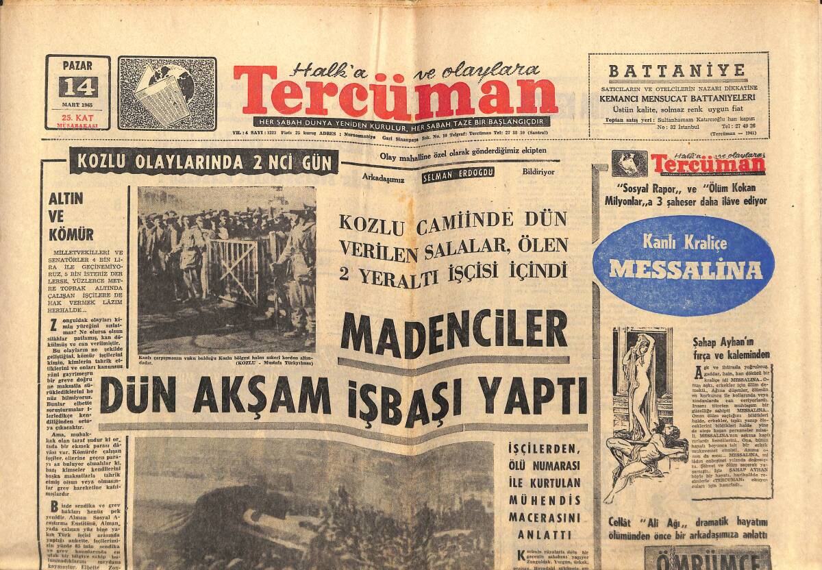Tercüman Gazetesi 14 Mart 1965 - Ajda Pekkan Ve Semiramis Yarışı - Kıbrıs'ta Rumlar Bir Türk Köyünü Kuşattı! GZ140569 - 1