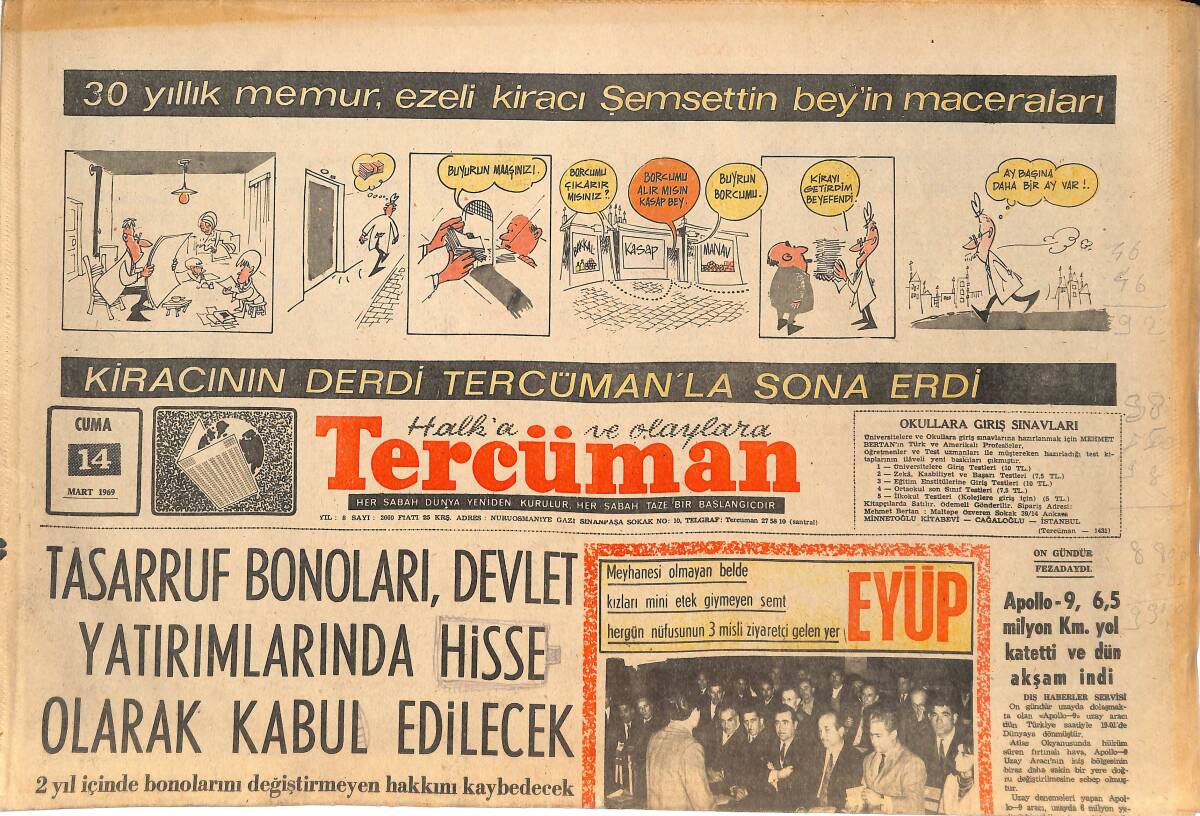 Tercüman Gazetesi 14 Mart 1969 - Apollo-9, 6,5 Milyon Km Yol Katetti Ve Dün Gece İndi - Eyüp, Eyüp Sultan'a Layık Bir Hale Gelecek GZ144904 - 1