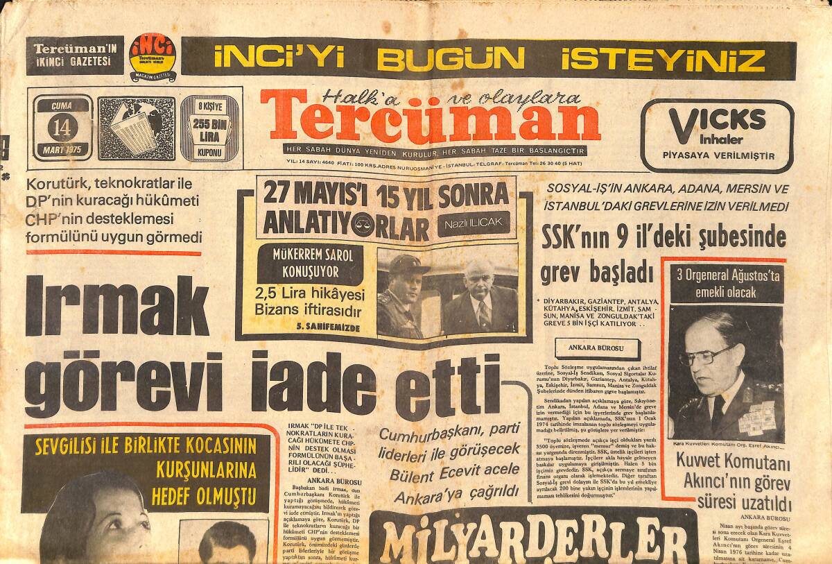 Tercüman Gazetesi 14 Mart 1975 - Yunanistan'da 13 General Daha Emekliye Sevkedildi - Irmak Görevi İade Etti GZ160814 - 1