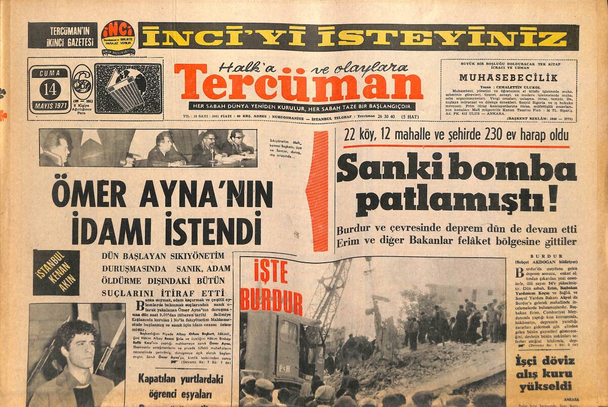 Tercüman Gazetesi 14 Mayıs 1971 - Ömer Ayna'nın İdamı İstendi - İ. Hakkı Güngör Genel Müdürlüğe Getirildi GZ141823 - 1