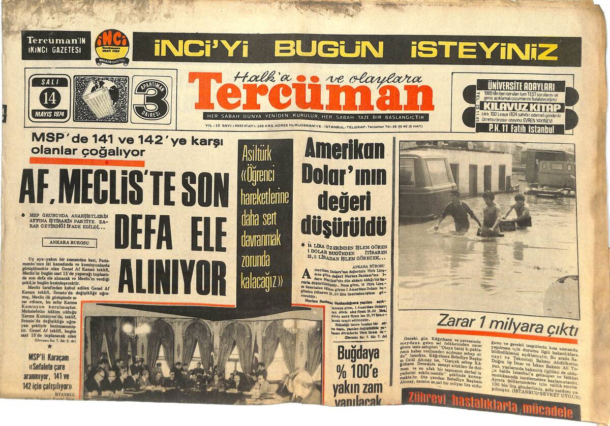 Tercüman Gazetesi 14 Mayıs 1974 - Af, Meclis'te Son Defa Ele Alınıyor! - Bülent Ecevit Milleti Aldatmaktadır! GZ144691 - 1