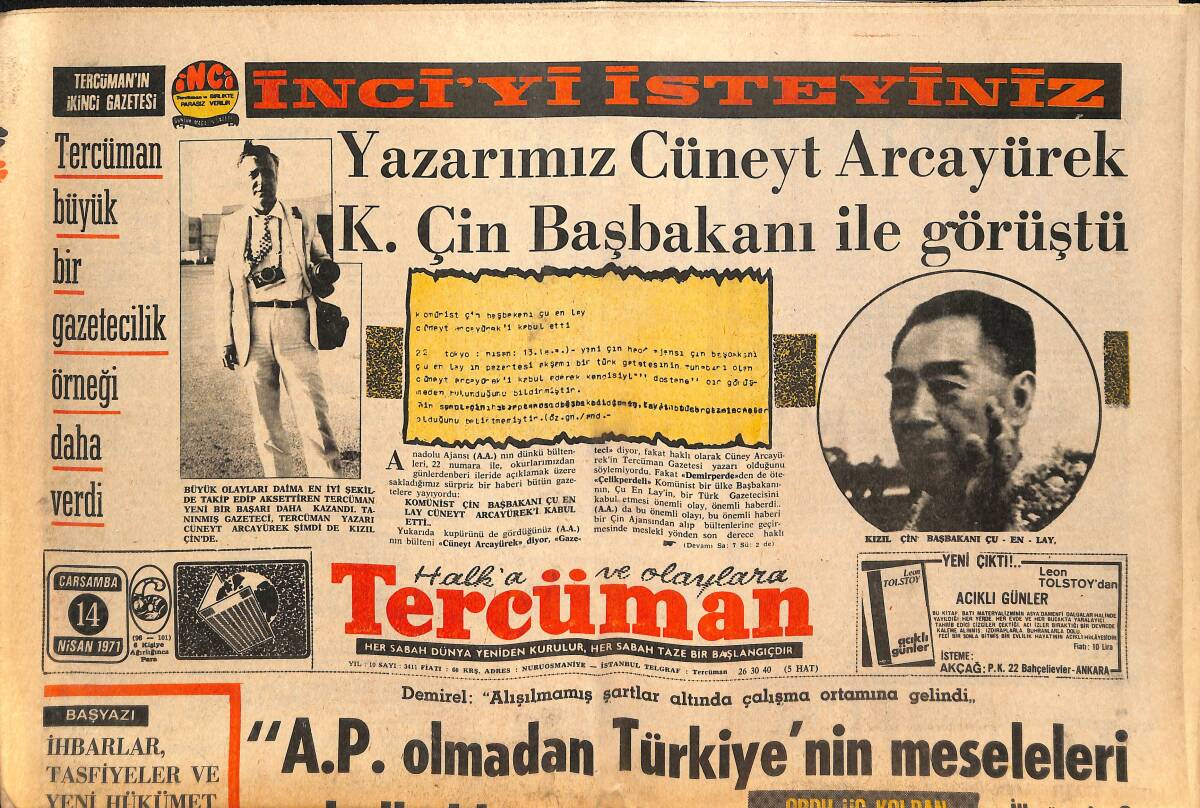 Tercüman Gazetesi 14 Nisan 1971 - AP Olmadan Türkiye'nin Meseleleri Halledilemez! - Fenerbahçe Cihat Arman'ı Getiriyor! GZ145773 - 1