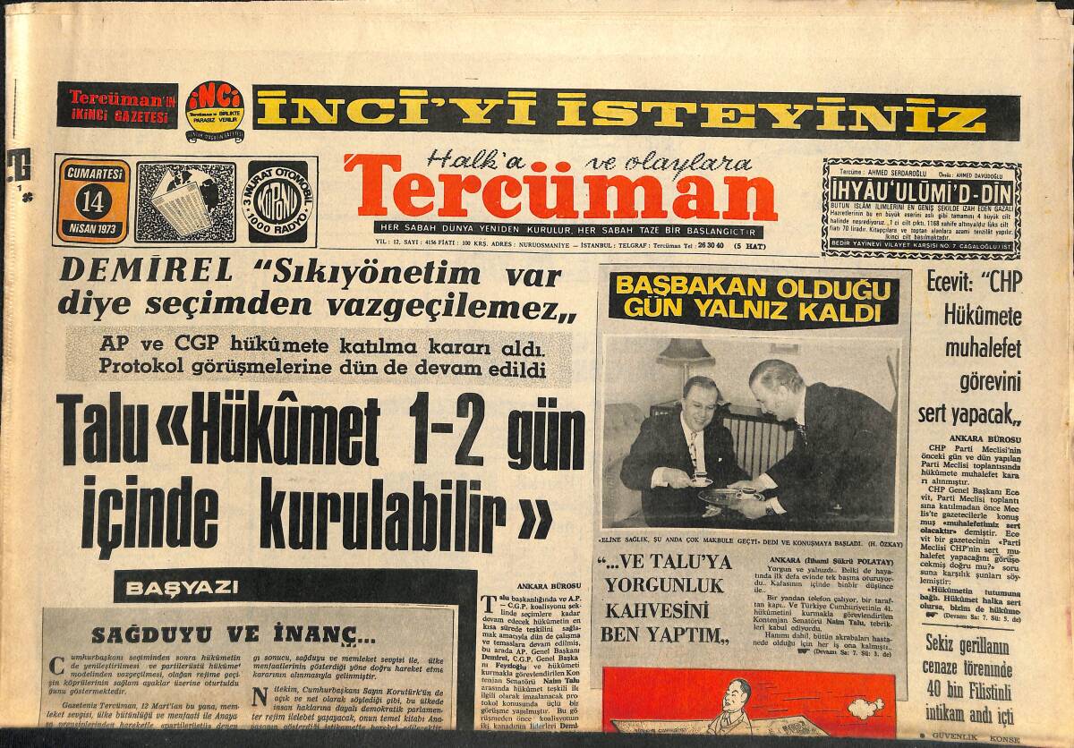 Tercüman Gazetesi 14 Nisan 1973 - Korutürk İlk İmzayı İşçi Meskenleri İçin Attı - Massey Ferguson Traktör Reklamı GZ141480 - 1