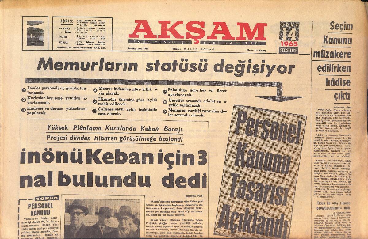 Tercüman Gazetesi 14 Ocak 1965 - İnönü Keban İçin 3 Nal Bulundu Dedi! - Seçim Kanunu Müzakere Edilirken Hadise Çıktı! GZ146116 - 1
