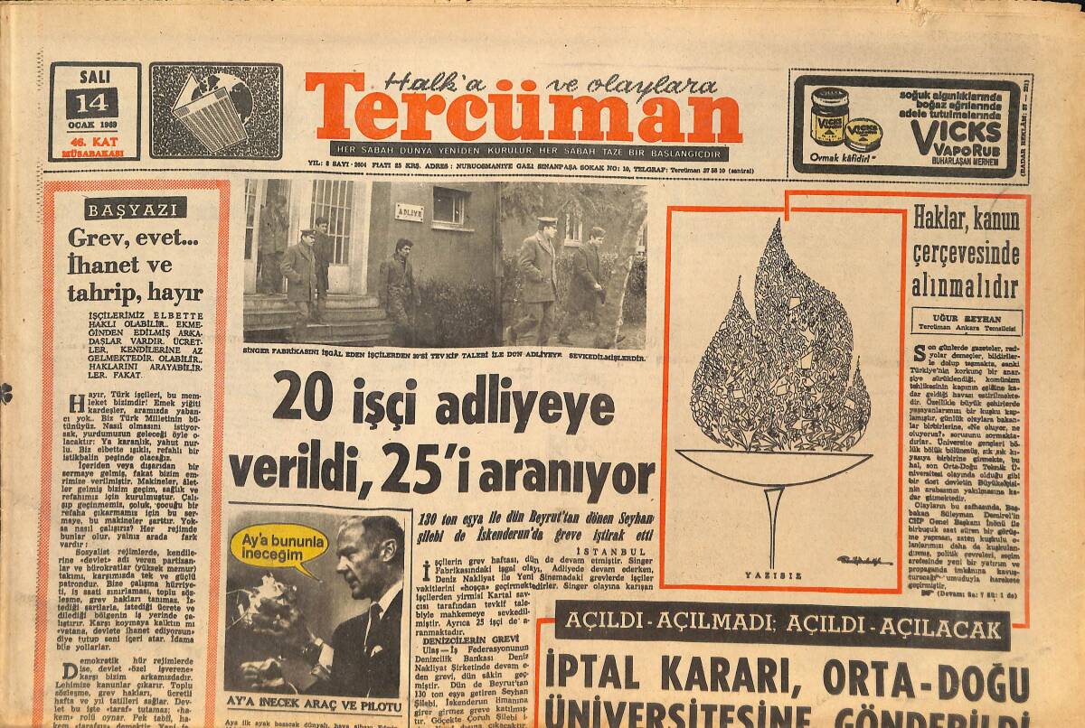 Tercüman Gazetesi 14 Ocak 1969 - 20 İşçi Adliye'ye Verildi, 25'i Aranıyor - Ulvi Yenal, 37 Gün Sonra İstifa Edecek! GZ146131 - 1