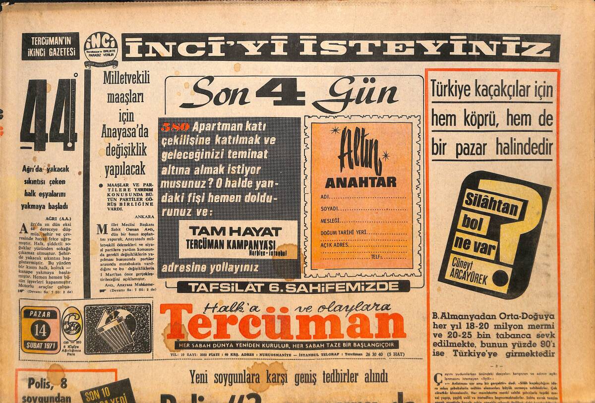 Tercüman Gazetesi 14 Şubat 1971 - Polis 2. Soygunu Da Gezmiş Yaptı Diyor - Apollo-14 Astronotları Aydan İlk Defa Beyaz Taş Getirdiler GZ146211 - 1
