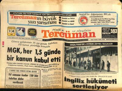 Tercüman Gazetesi 14 Temmuz 1981 - MGK , Her 1,5 Günde Bir Kanun Kabul Etti GZ65925 - 2
