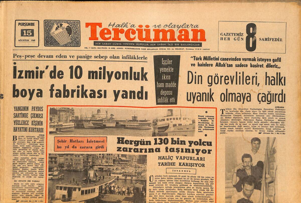 Tercüman Gazetesi 15 Ağustos 1968 - TRT'nin Dininden, Dilinden Ve Müziğinden Şikayet Edildi - Kennedy Soyadını Taşıyan 13 Çocuk GZ146423 - 1