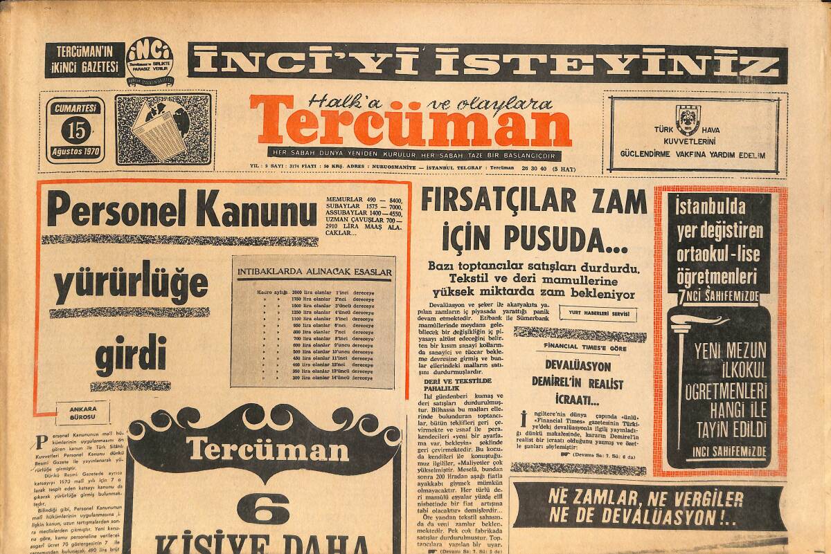 Tercüman Gazetesi 15 Ağustos 1970 - Moda'da Ayak-Bacak Yarışması Yapıldı - Personel Kanunu Yürürlüğe Girdi GZ145441 - 1