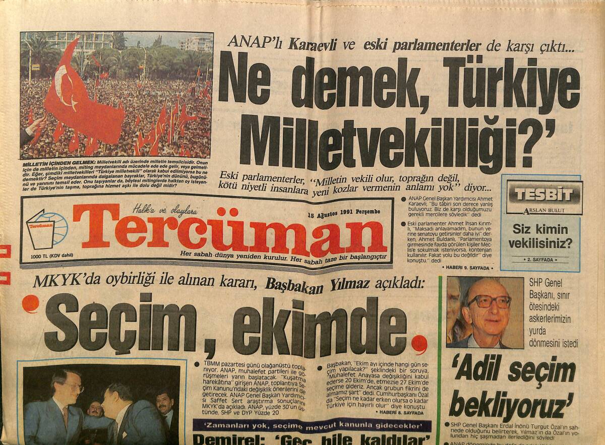 Tercüman Gazetesi 15 Ağustos 1991 - Galatasaray 3-2 Beşiktaş - Bubikoğlu Ayrı Dünyalar'da GZ150210 - 1