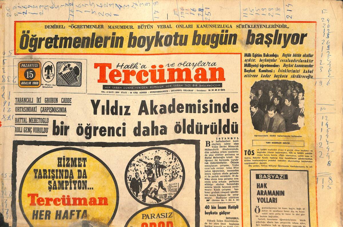 Tercüman Gazetesi 15 Aralık 1969 - Askerliği Kısaltan Teklifler Görüşülecek - Yıldız Akademisinde Bir Öğrenci Daha Öldürüldü GZ144233 - 1