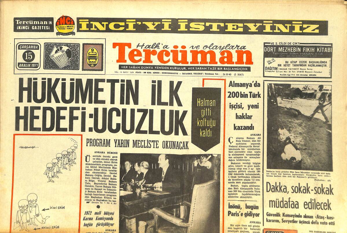 Tercüman Gazetesi 15 Aralık 1971 - Hükümetin İlk Hedefi: Ucuzluk - Hacı Ahmet Ağa'nın Bahtı Açıldı GZ144328 - 1