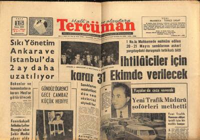 Tercüman Gazetesi 15 Ekim 1963 - Sıkı Yönetim Ankara Ve İstanbulda 2 Ay Daha Uzatılıyor - Beşiktaş Dün Bükreşe Gitti GZ123464 - 1