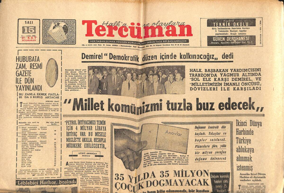 Tercüman Gazetesi 15 Haziran 1965 - Süleyman Demirel: Millet Komünizmi Tuzla Buz Edecek! - Fenerbahçe Bu defa Türkiye Kupasını Hedef Seçti GZ140579 - 1