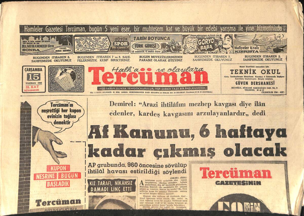 Tercüman Gazetesi 15 Haziran 1966 - Beşiktaş Ve Galatasaray Finalin Hazırlıklarına Başladılar GZ156726 - 1