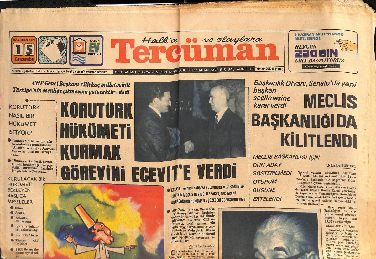 Tercüman Gazetesi 15 Haziran 1977 - Carım'ın Cenazesi Yurda Getirildi - Korutürk Hükümeti Kurmak Görevini Ecevit'e Verdi GZ134646 - 1