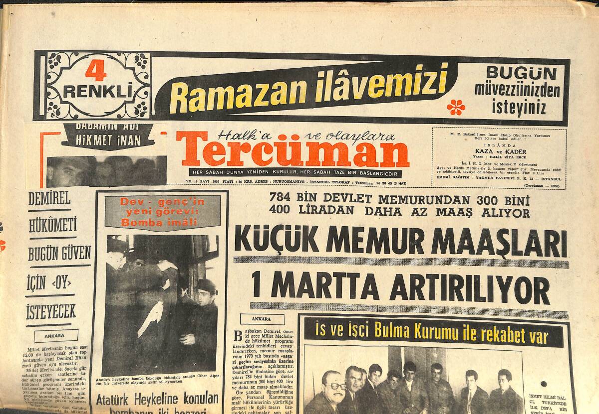Tercüman Gazetesi 15 Kasım 1969 - Küçük Memur Maaşları 1 Martta Arttırılıyor - Cevdet Sunay Bugün Rusya'ya Gidiyor! GZ144660 - 1