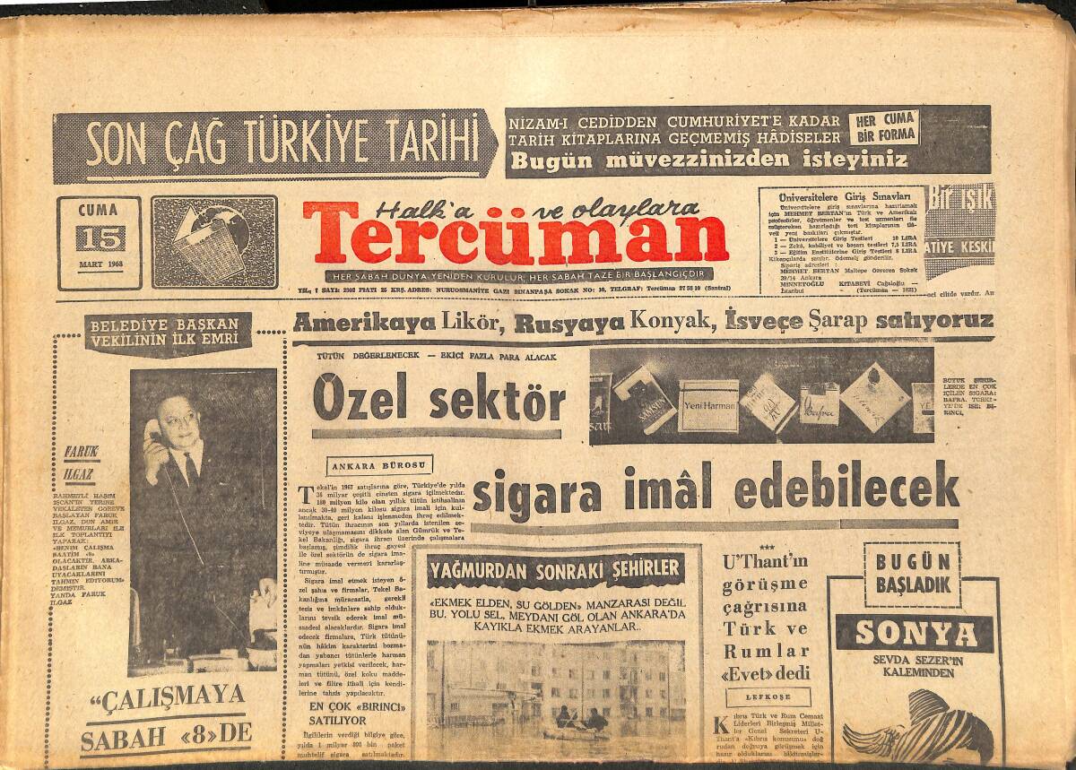 Tercüman Gazetesi 15 Mart 1968 - Özel Sektör Sigara İmal Edebilecek - Amerika'ya Likör, Rusya'ya Konyak, İsveç'e Şarap Satıyoruz GZ142091 - 1