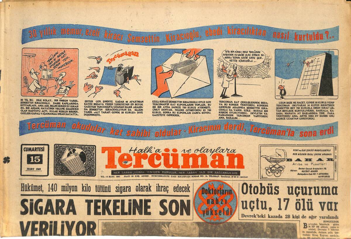 Tercüman Gazetesi 15 Mart 1969 - Öztürk Serengil Yargılandı - Sigara Tekeline Son Veriliyor GZ145068 - 1