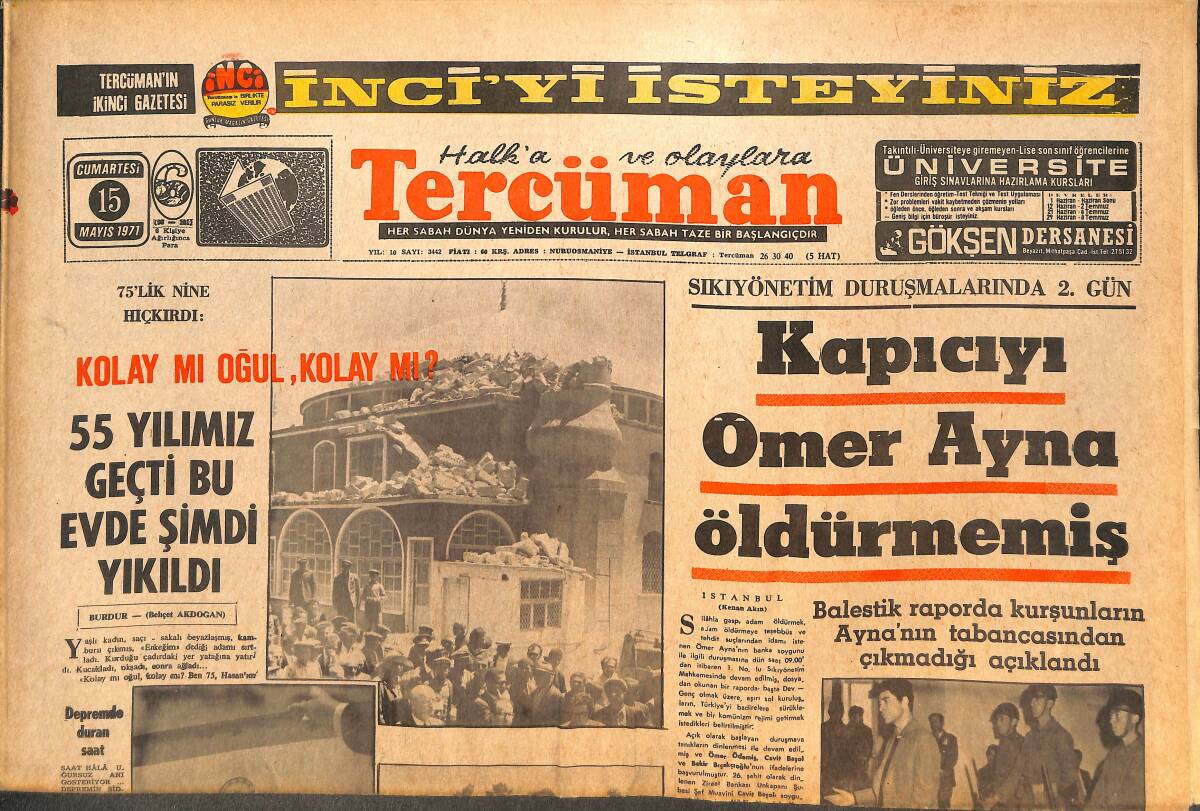 Tercüman Gazetesi 15 Mayıs 1971 - Kapıcıyı Ömer Ayna Öldürmemiş - Mısır'da İstifa Eden 6 Bakan Komplocu İlân Edildi GZ144243 - 1