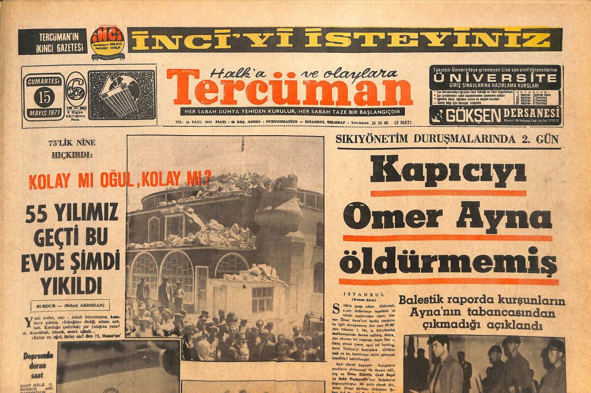 Tercüman Gazetesi 15 Mayıs 1971 - Kapıcıyı Ömer Ayna Öldürmemiş - Mısır'da İstifa Eden 6 Bakan Komplocu İlân Edildi GZ144244 - 1