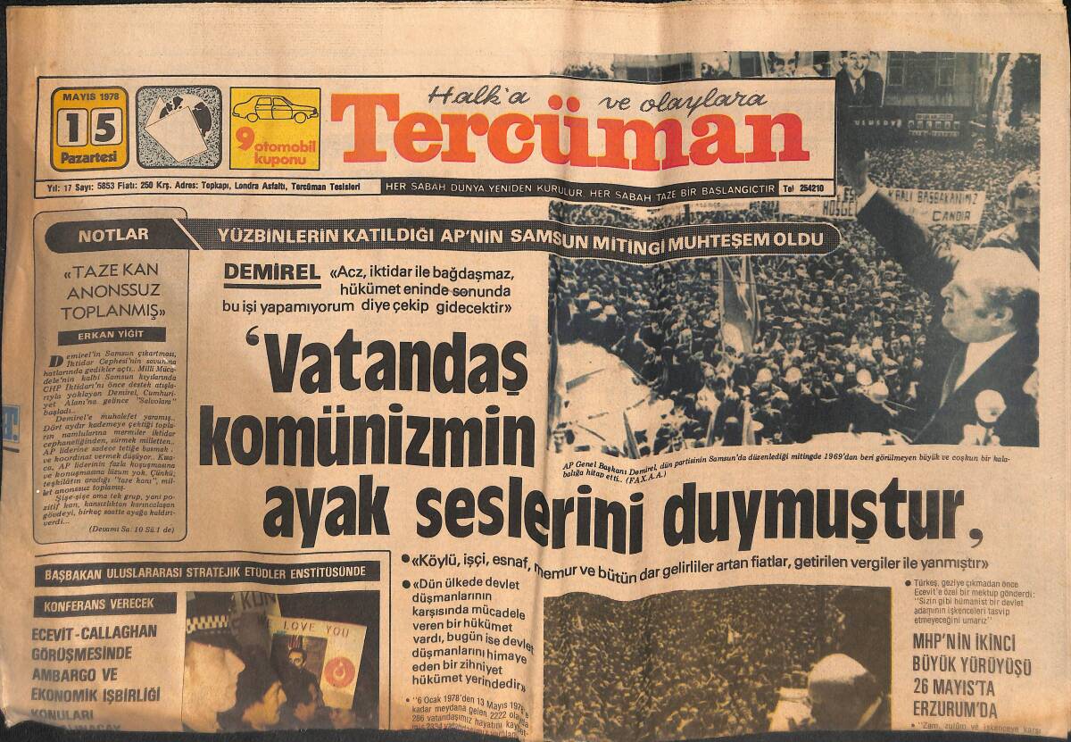 Tercüman Gazetesi 15 Mayıs 1978 - MHP'nin Büyük Yürüyüşü Erzurum'da -Şampiyonluğa Giden Fener, Eskişehir'de Puan Kaybetti GZ133220 - 1