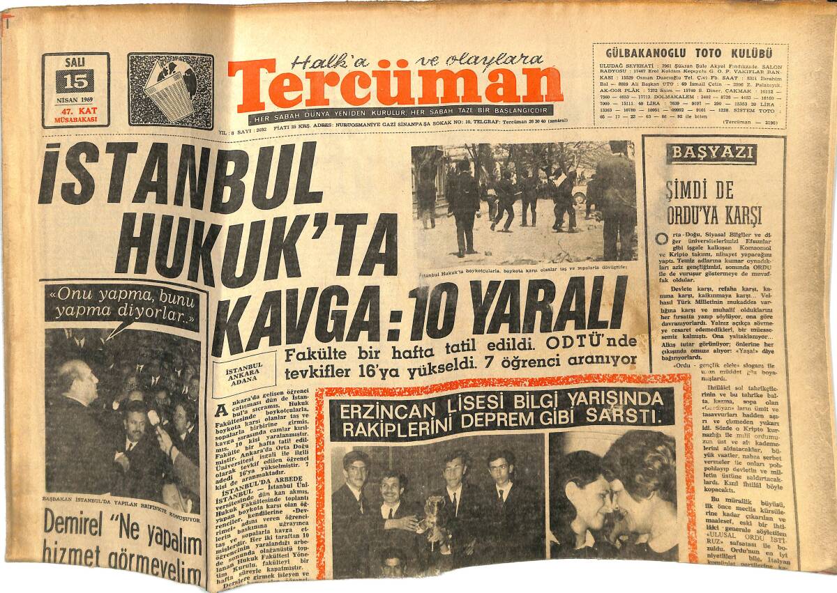 Tercüman Gazetesi 15 Nisan 1969 - İstanbul Hukuk'ta Kavga : 10 Yaralı - Rumen Antrenör Ionescu Dün Geldi GZ145133 - 1
