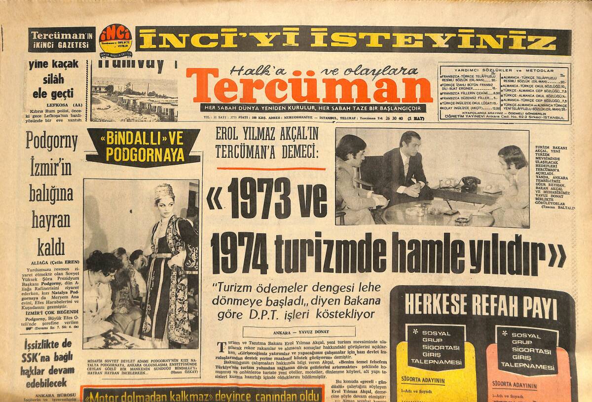Tercüman Gazetesi 15 Nisan 1972 - 1973 Ve 1974 - Turizmde Hamle Yılıdır - Koca FİFA Başkanını Yeşilköy'deki Mahalle Maçında Kimse Takmadı! GZ146272 - 1
