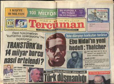Tercüman Gazetesi 15 Ocak 1986 - Ebu Nidalin Yeni Hedefi Thatcher - Bonn Büyükelçiliğimiz Alarm Verdi GZ119017 - 1