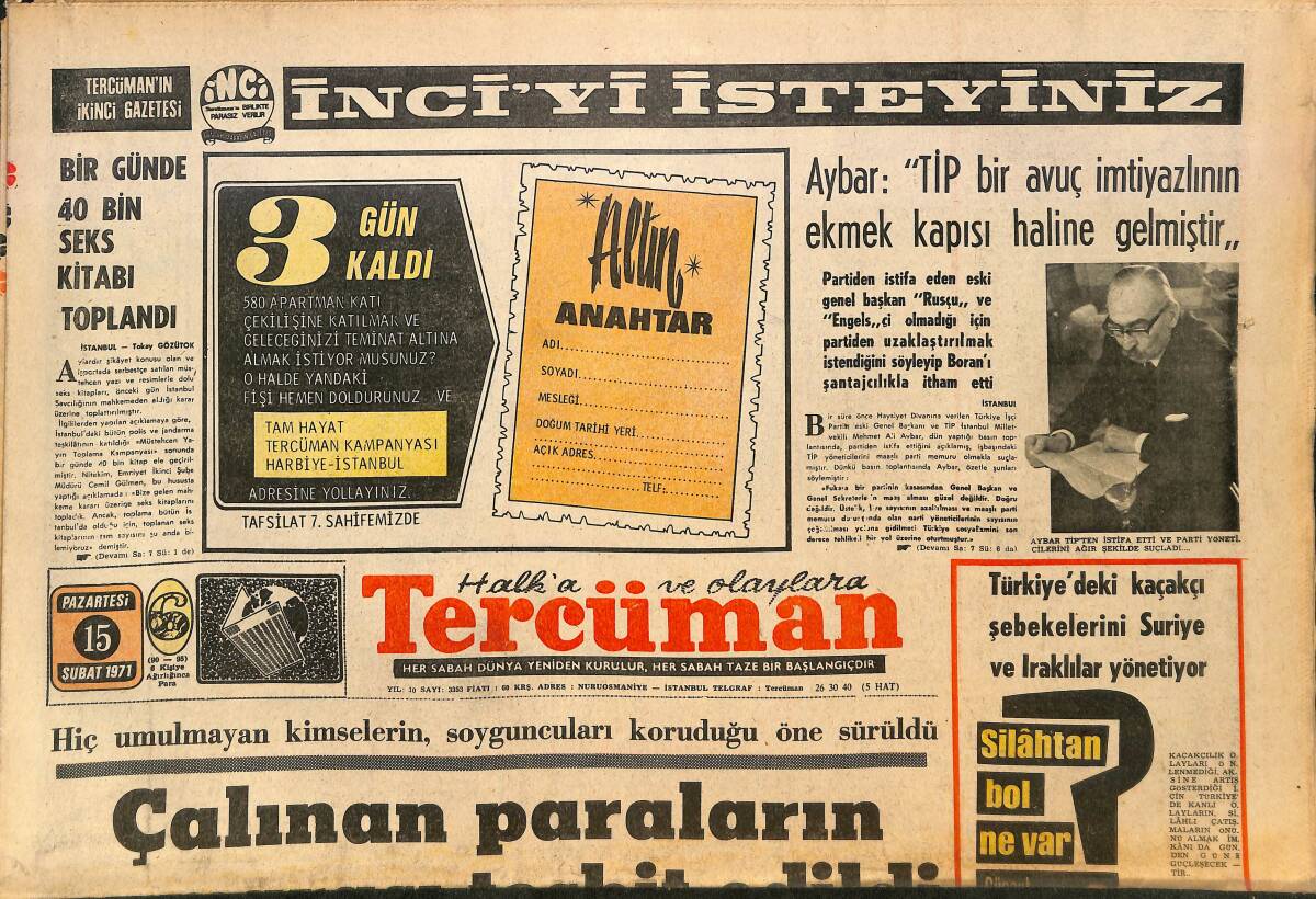Tercüman Gazetesi 15 Şubat 1971 - Bir Günde 40 Bin Seks Kitabı Toplandı - Bolu, Salim'in Golü İle Mersin'i Yendi GZ146210 - 1