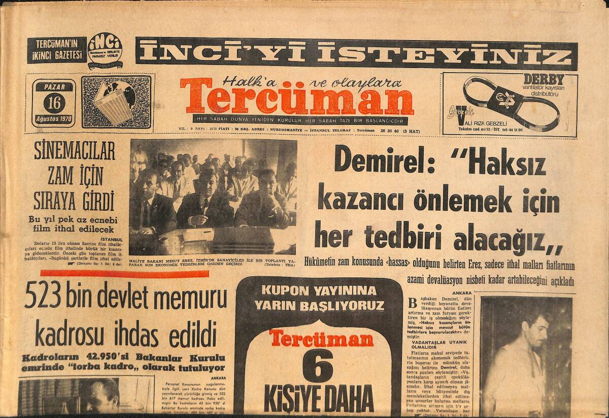 Tercüman Gazetesi 16 Ağustos 1970 - Koleraya Karşı Aşı Kampanyası Açılıyor - 523 Bin Devlet Memuru Kadrosu İhdas Edildi GZ145440 - 1