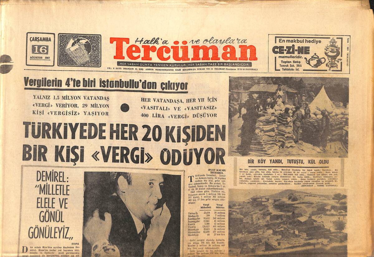 Tercüman Gazetesi 16 Ağustos 1973 - Türkiye'de Her 20 Kişiden Biri Vergi Ödüyor - Yunanlılar İki Türk'ü Sürgün Ettiler GZ141828 - 1