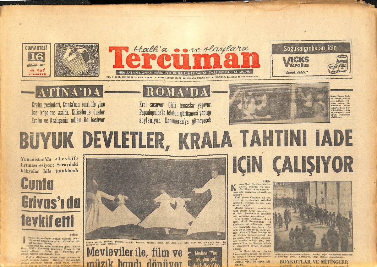 Tercüman Gazetesi 16 Aralık 1967 - Büyük Devletler Kral'a Tahtını İade İçin Çalışıyor - Cunta Grivas'ı Da Tevkif Etti GZ142097 - 1