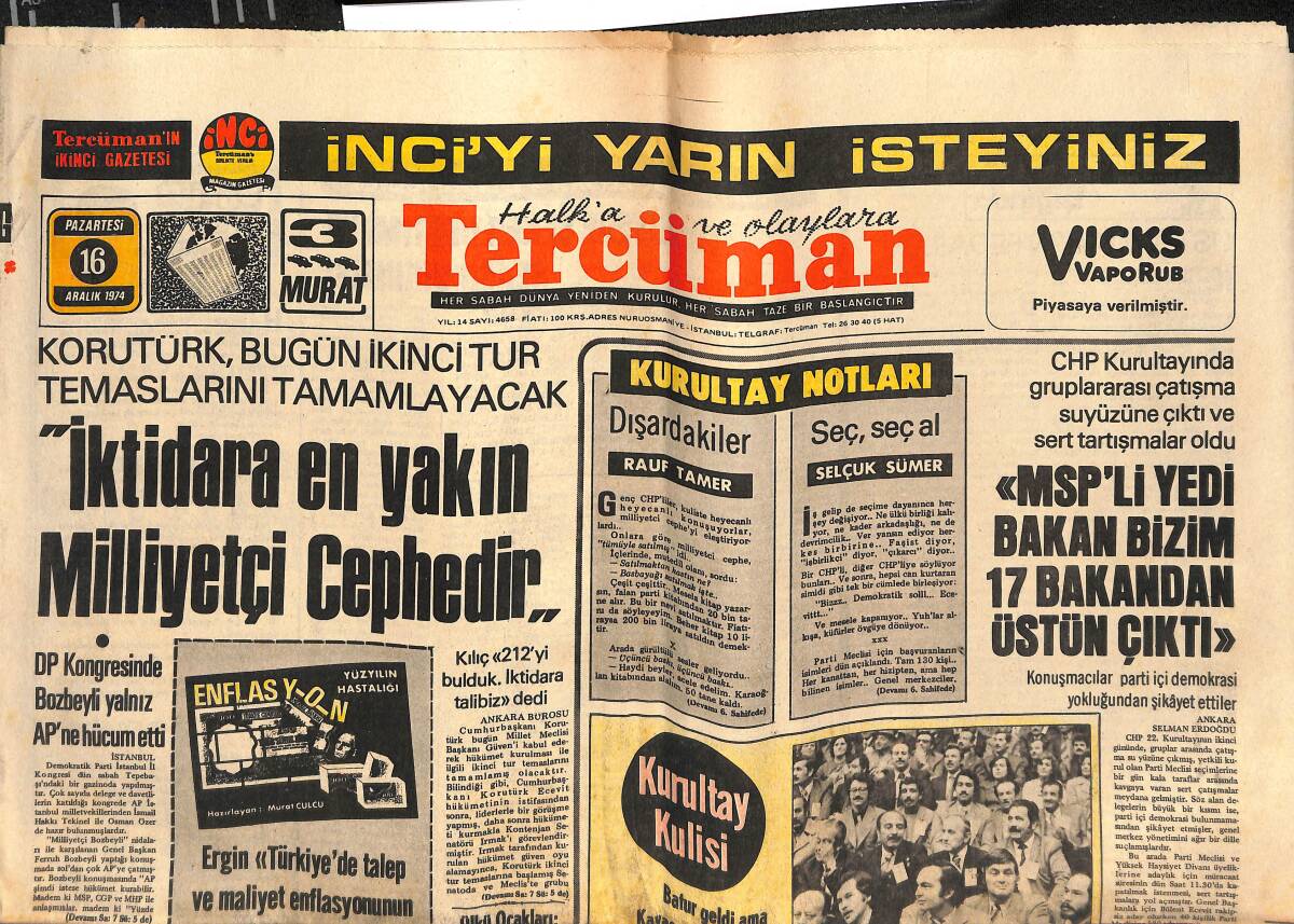 Tercüman Gazetesi 16 Aralık 1974 - Türkeş : Türkiye'ye Şifayı MHP Sunacak - Büyük Derbide Kazan Taraf Beşiktaş Oldu GZ133955 - 1
