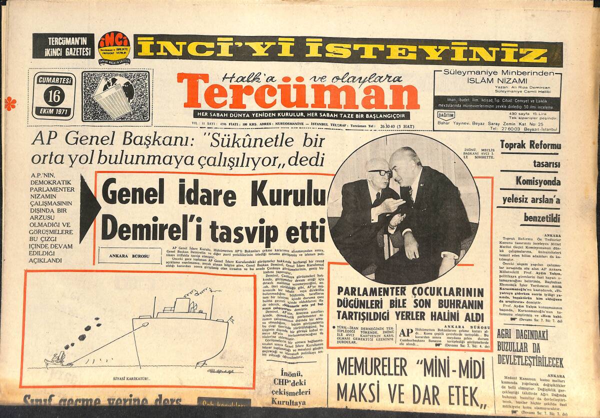 Tercüman Gazetesi 16 Ekim 1971 - Gezmiş Hücresinin 11 Avukatı Hakkında Tahkikata Geçildi - Genel İdare Kurulu Demirel'i Tasvip Etti GZ145591 - 1