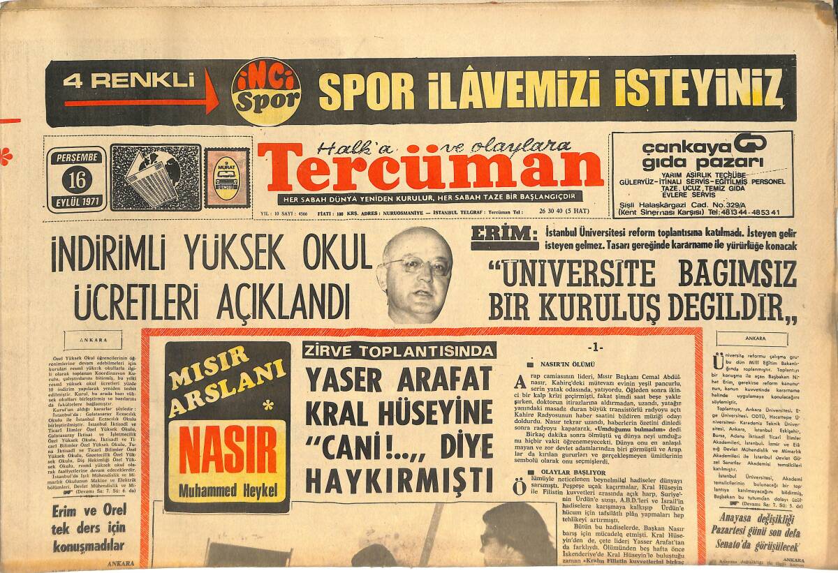 Tercüman Gazetesi 16 Eylül 1971 - Mısır Aslanı Nasır Muhammed Heykel - Metin Oktay Yeşilova'yı Çalıştırıyor GZ144931 - 1