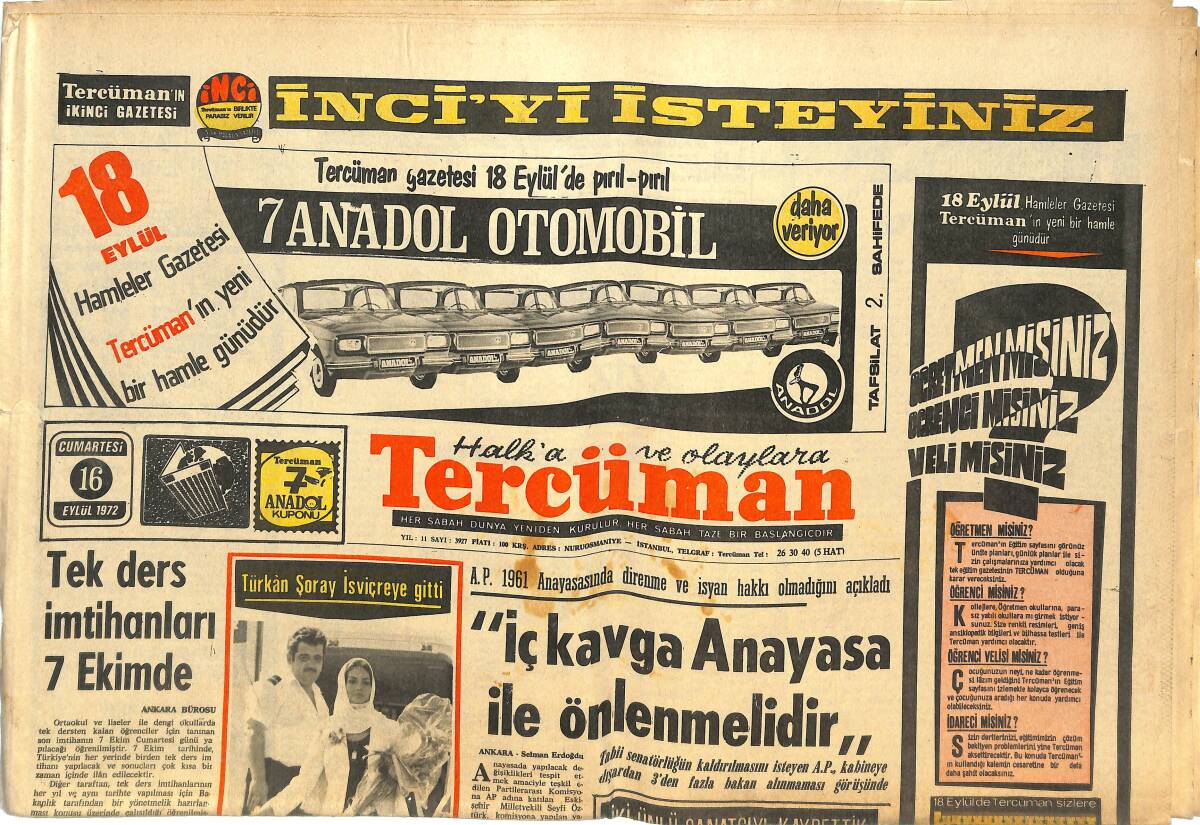Tercüman Gazetesi 16 Eylül 1972 - Türkan Şoray İsviçreye Gitti - Spitz James Bond Rolünü Oynayacak GZ144674 - 1