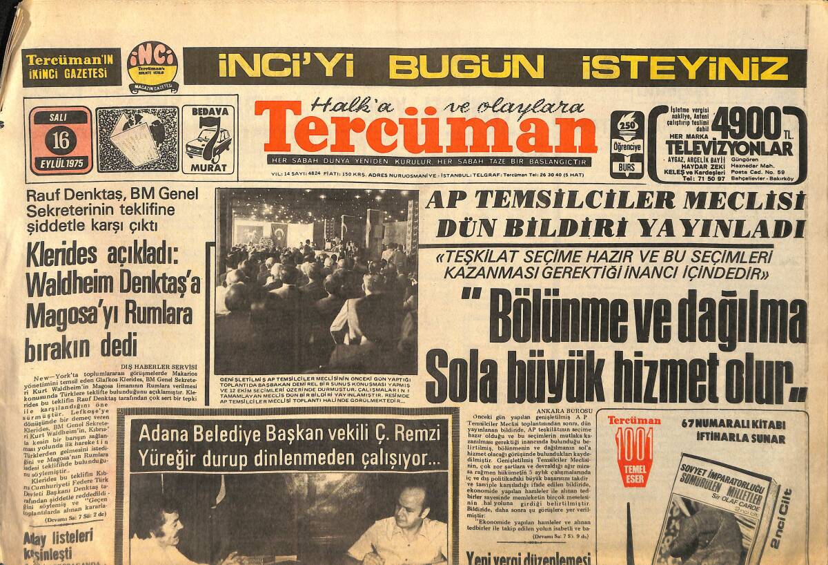 Tercüman Gazetesi 16 Eylül 1975 - Pendik Halkevi Folklor Ekibi Polonya'da Dünya Birincisi Oldu - AP Temsilciler Meclisi Dün Bildiri Yayınladı GZ155322 - 1