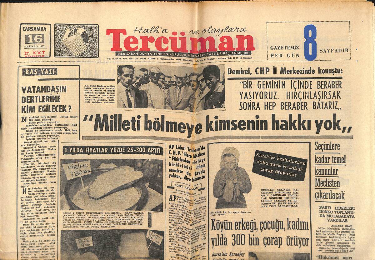 Tercüman Gazetesi 16 Haziran 1965 - Vatandaşın Dertlerine Kim Eğilecek? - Brezilya Milli Takımına 28 Aday Futbolcu Seçildi! GZ140580 - 1