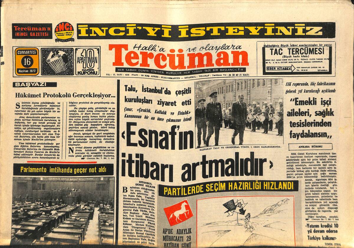 Tercüman Gazetesi 16 Haziran 1973 - Bas Yumruğu Cemal - Mafia, Clay'e De Bulaştı - Mardin'de Ruhsatlı Silahlar Da Toplanıyor GZ141170 - 1