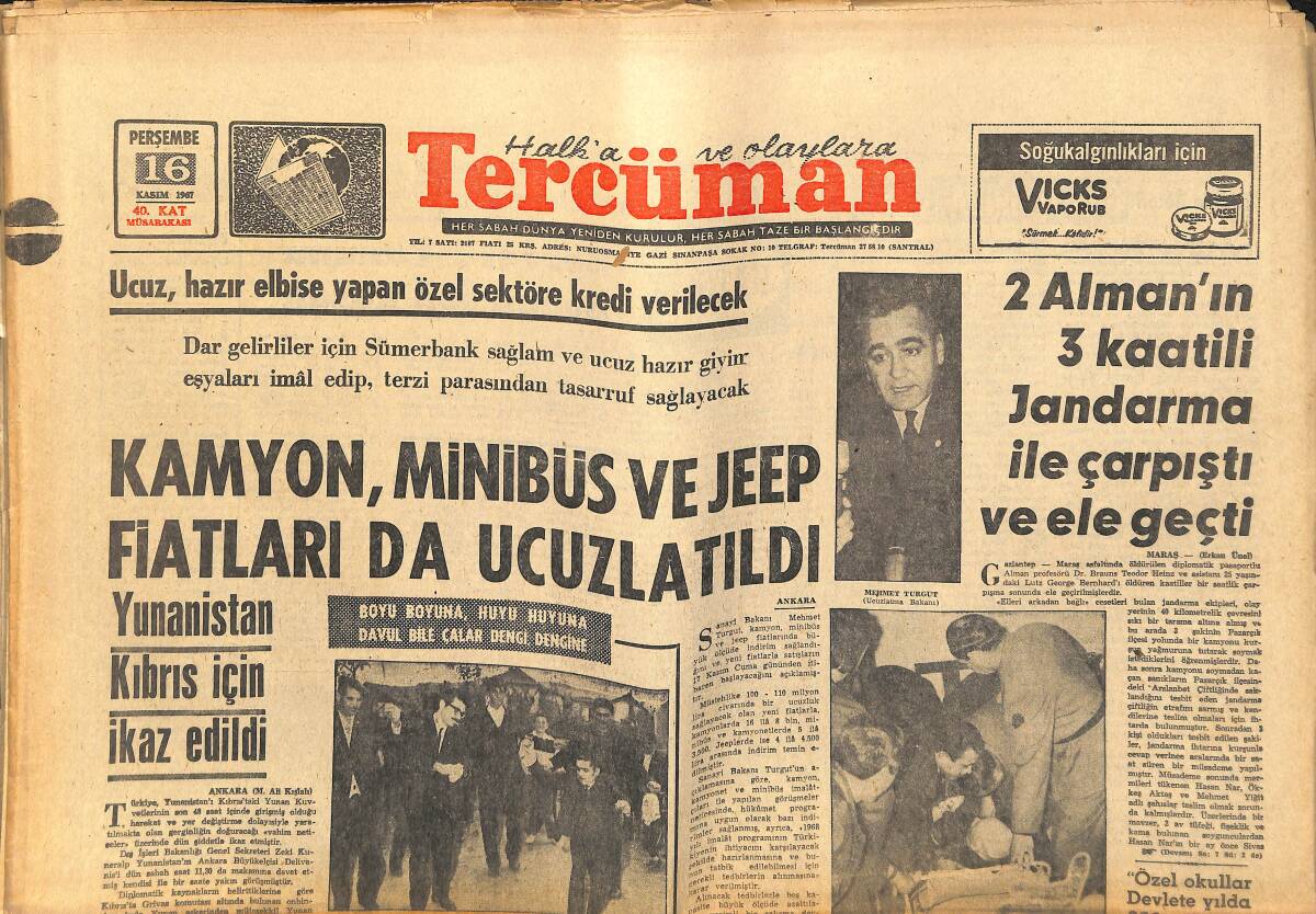 Tercüman Gazetesi 16 Kasım 1967 - Güreşte Dünya Beşinciliğimiz Teessür Uyandırdı - Yunanistan, Kıbrıs İçin İkaz Edildi GZ141817 - 1