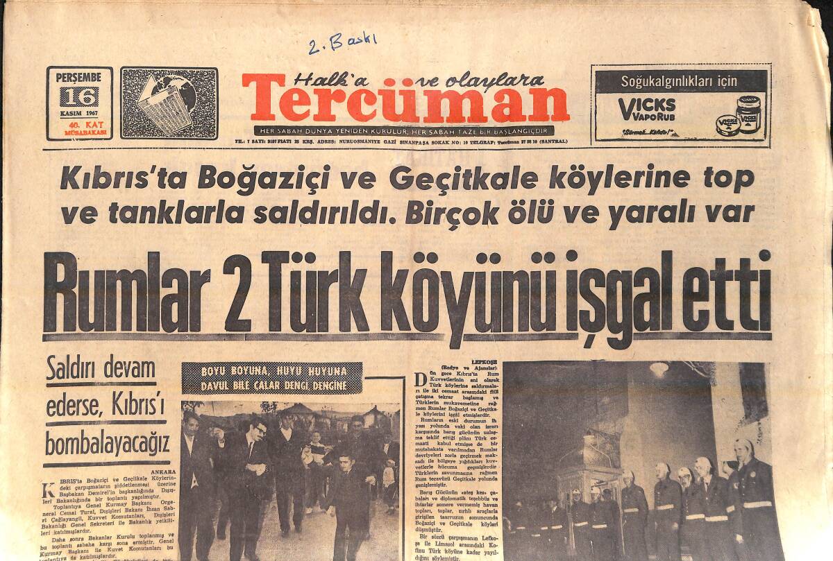 Tercüman Gazetesi 16 Kasım 1967 - Rumlar 2 Türk Köyünü İşgal Etti GZ156716 - 1